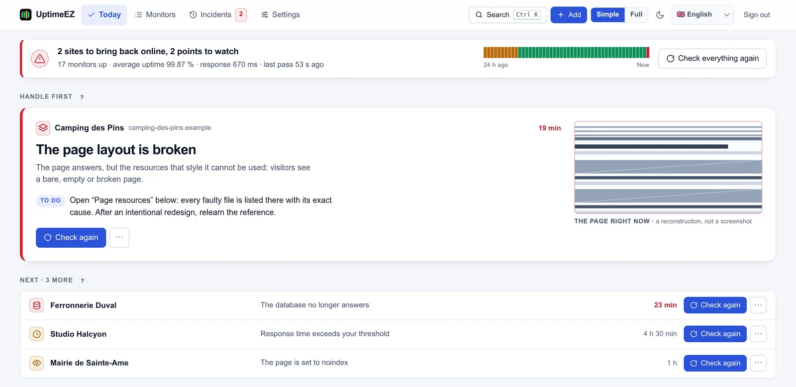 The UptimeEZ daily screen: a broken layout named, explained and prioritised, next to a reconstruction of the page as visitors see it